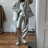 Faux Leather Silver High Waisted Women's Pants
