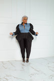 Curvy Women Solid Patchwork Puff Sleeve Leggings Sets