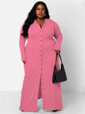 Women Button Loose Solid V Neck Long Elegant Maxi Dress