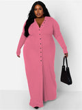 Women Button Loose Solid V Neck Long Elegant Maxi Dress