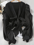 Women's Mock Neck Pleated Solid Long Sleeve Blouse
