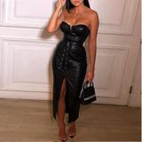 Womens Solid Tube Slit Coated PU Dress
